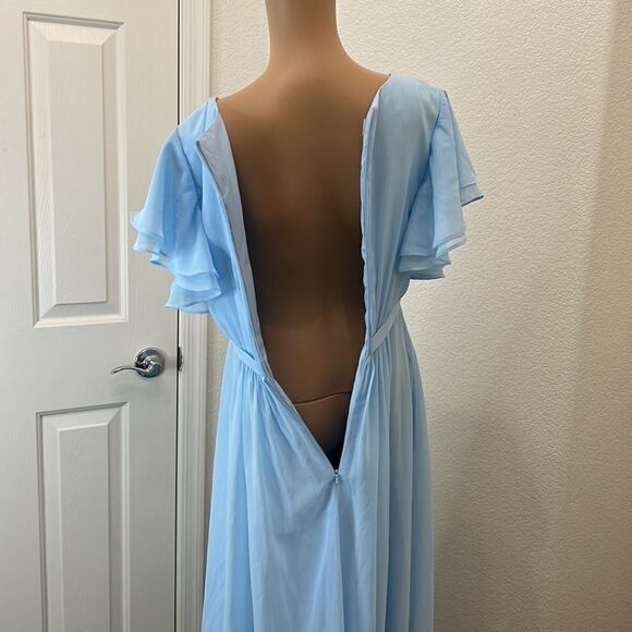 JJ’S House Formal Womans Dress Blue Scoop Neck Flutter Sleeve Maxi Sheer Lined - Picture 8 of 11